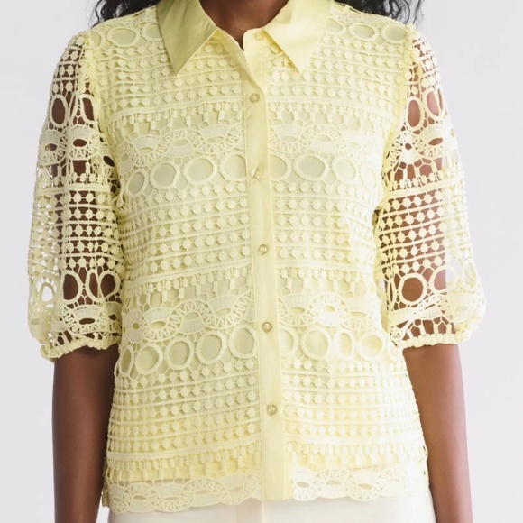 By Design Tops - By Design Yellow Brianna Lace Puff Sleeve Button-Up Top, Size M